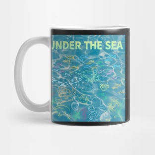 under the sea,blue sea,sea creatures,Turtle, puffer fish, starfish, shrimp, shark, tropical fish, sea horse, seaweed, sardines, squid, crabs, clams Mug